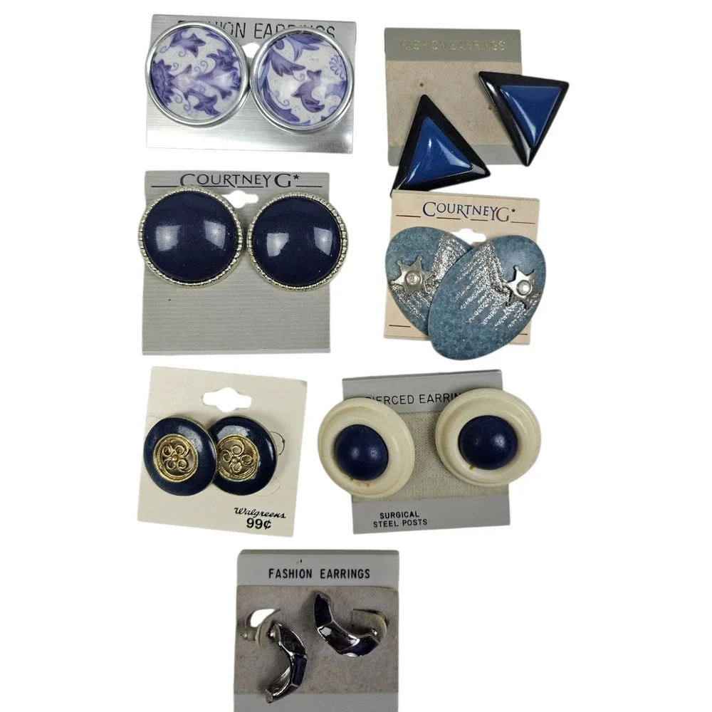 Vintage Earrings Lot 7 Pairs Navy Blue‎ Silver Courtney G Retro Studs Hoops NEW